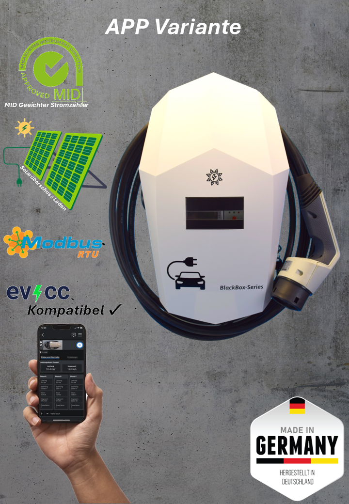 Ladestation / Wallbox 11 KW / BLACKBOX-PRO / WHITE-EDITION / Typ 2 / MODBUS / Solarüberschuss Laden / EVCC.IO-Kompatibel / Lastmanagement / Schukosteckdose / MID-Geeichter Stromzähler / APP - Smartsteuerung  / §14a EnWG Konform